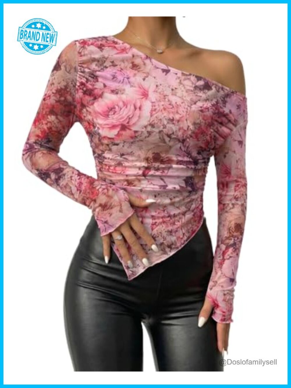 Womens Floral Mesh Sheer One Shoulder Long Sleeve Going Out Blouse